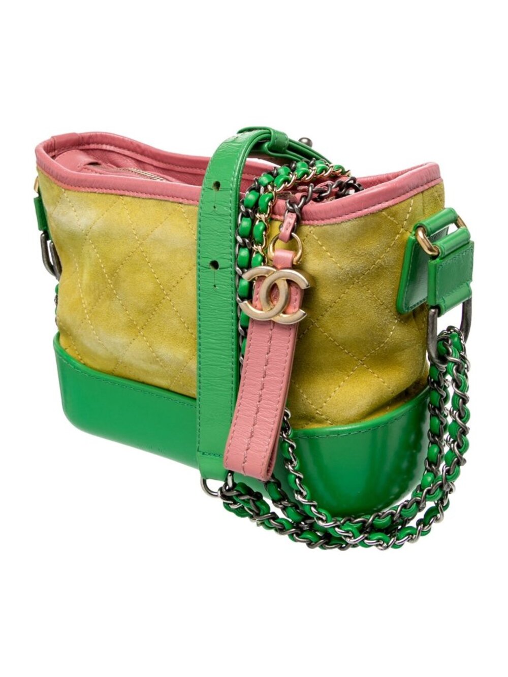 Authentic CHANEL Gabrielle Green Yellow Pink Shoulder Bag Suede Calfskin